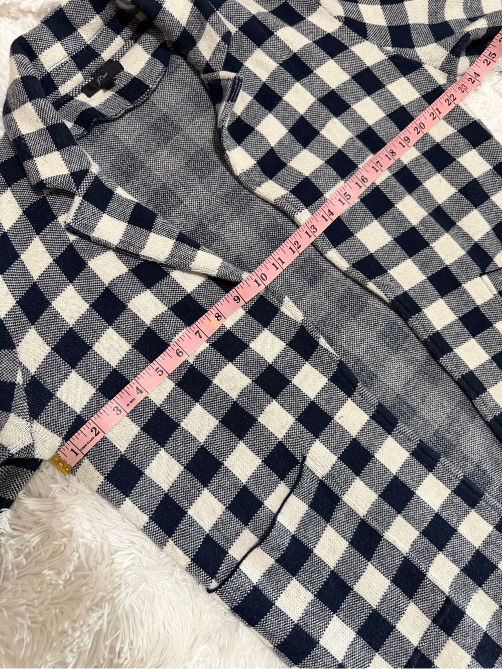J. Crew | Sophie Gingham Navy Blue & White Merino Wool Blend Open Front Cardigan - Picture 6 of 10